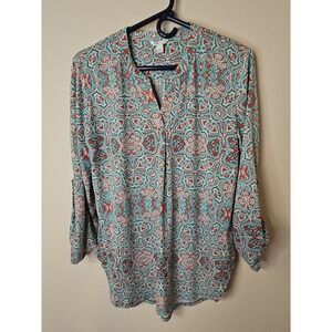 Cato Blouse Women S Teal Rust Vneck Popover Boho Roll Tab Sleeves Tunic Artsy